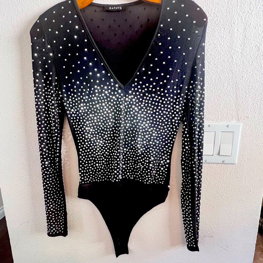 Shimmer sequins mesh long sleeve low plunge body suit. Perfect for NYE